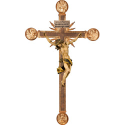 Cristo Barroco en cruz con Evangelistas y rayos con Titulus Crucis en hebreo - latín - griego